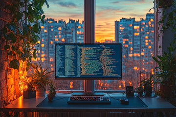A modern workspace setting with a computer monitor displaying coding, a keyboard, mouse on a wooden desk with city view