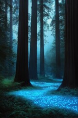 Fototapeta premium A forest with trees lit up in blue. The blue light is shining on the ground, creating a magical atmosphere