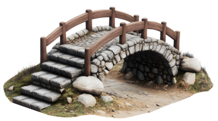 Stone Bridge with Wooden Railings and Stairs Isolated on White Background