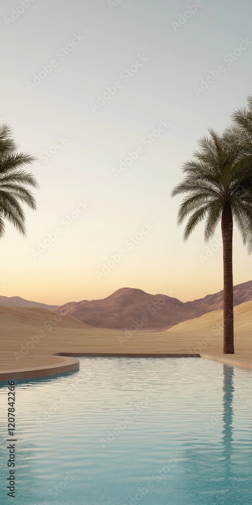 Poster a beautiful landscape with a pool and two palm trees. the pool is surrounded by a sandy beach and th