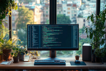 A modern workspace setting with a computer monitor displaying coding, a keyboard, mouse on a wooden desk with city view