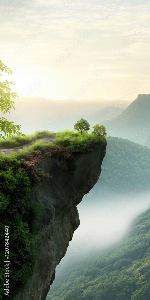 Poster a mountain with a tree on top of it. the tree is surrounded by green grass and the mountain is cover