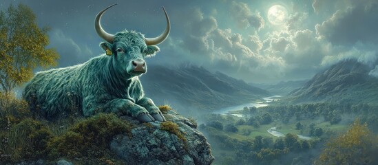 Dramatic of a towering horned mythical beast perched atop a rugged moss covered cliff overlooking a moody