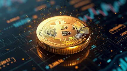 A digital gold coin floating in a virtual space, surrounded by futuristic binary code