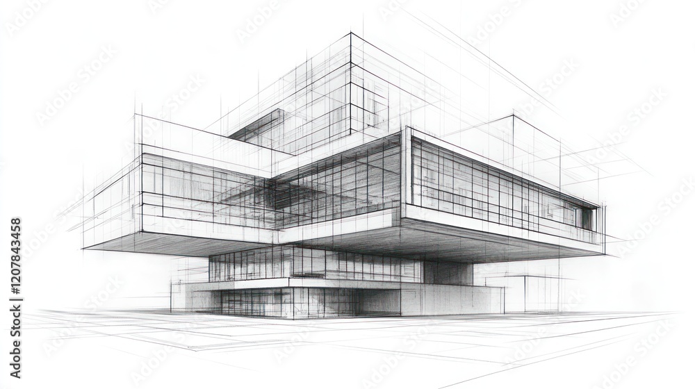 Poster architectural sketch of a modern building design showcasing intricate lines and layers