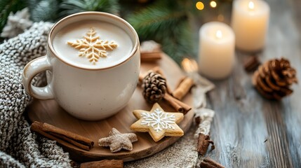 Warm holiday coffee with snowflake design, cinnamon sticks, and festive cookies.
