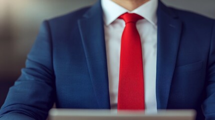 Red Tie Confidence: A close-up shot of a businessman wearing a classic navy blue suit and a bold red tie, exuding an aura of confidence and professionalism.  This image evokes power, authority.