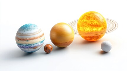 Solar system planets scale model, studio, white background, education