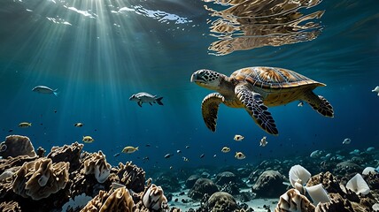 Majestic Sea Turtle Gracefully Swims in Sunlit Coral Reef