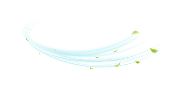 Minimalistic design showcasing gentle blue wave patterns and green leaves in motion. Ideal for concepts of freshness, purity, and environmental sustainability.