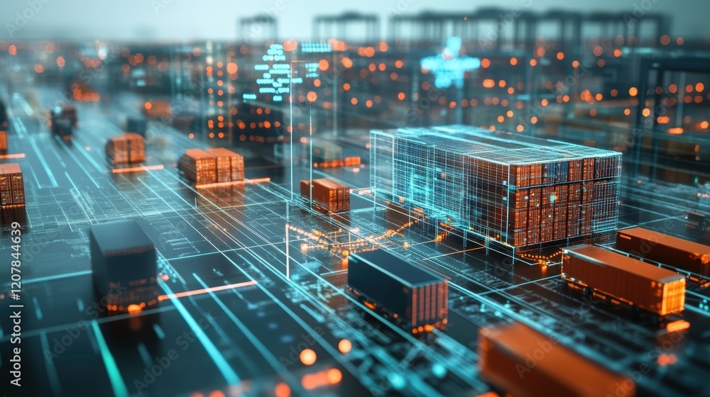 Poster futuristic visualization of a logistics network managing cargo containers using artificial intellige