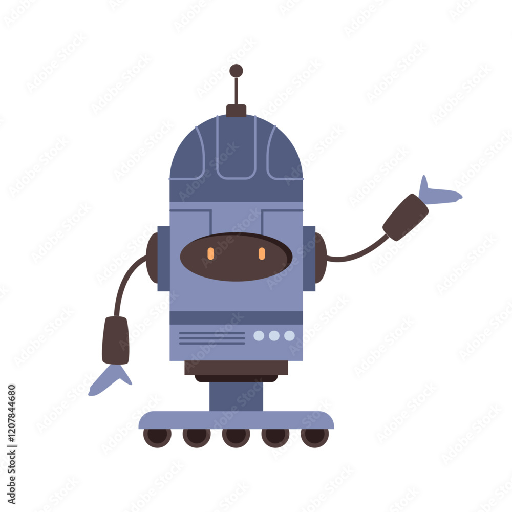 Poster Robot assistance helper with hands and wheeled legs. Vector isolated cyborg for game, futuristic or retro model with antenna. Mascot computerized system with friendly expression and gestures