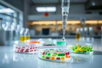 Droplet of Medicine Above Colorful Capsules and Petri Dishes in a Lab Setting