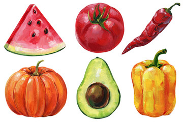 Bright ripe vegetable and fruits isolated white background painted with acrylic, illustration vegetables kitchen design