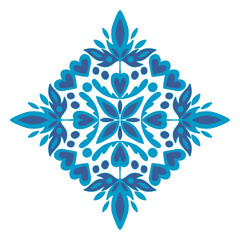 Symmetrical floral pattern blends azulejos, Gzhel, and Chinese porcelain styles. The diamond and mandala shapes and blue hues offer a vintage look for for home textiles.