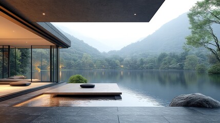Fototapeta premium Serene lakeside modern architecture with a tranquil view of mountains and lush greenery at dawn
