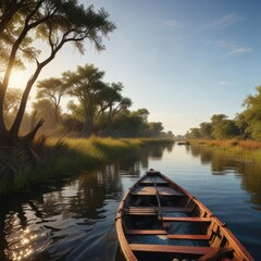 Fototapeta premium Boat approaching a narrow point in the Okavango Delta , boat, wildlife