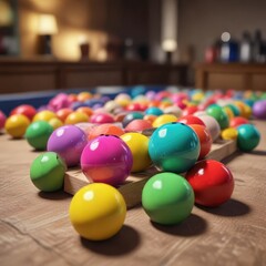 Boules de loto avec cartons pos?s sur une table, carton, marrons