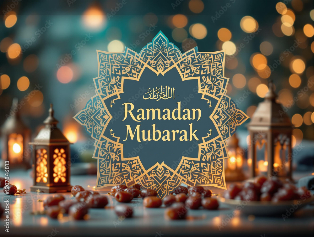 Poster a ramadan mubarak card with intricate designs and decorations, including dates and candle lanterns, 