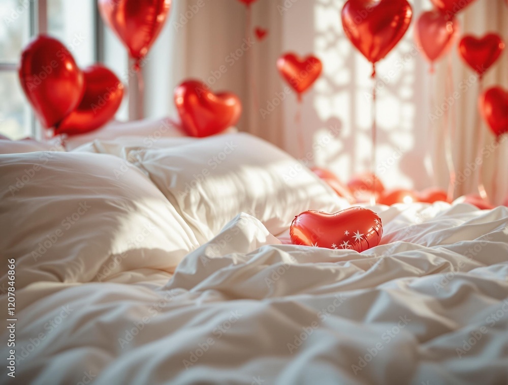 Aufkleber a bed with white sheets and pillows, decorated with red heart-shaped balloons floating above it. The background features a window with sunlight streaming in, creating a warm and romantic atmosphere.