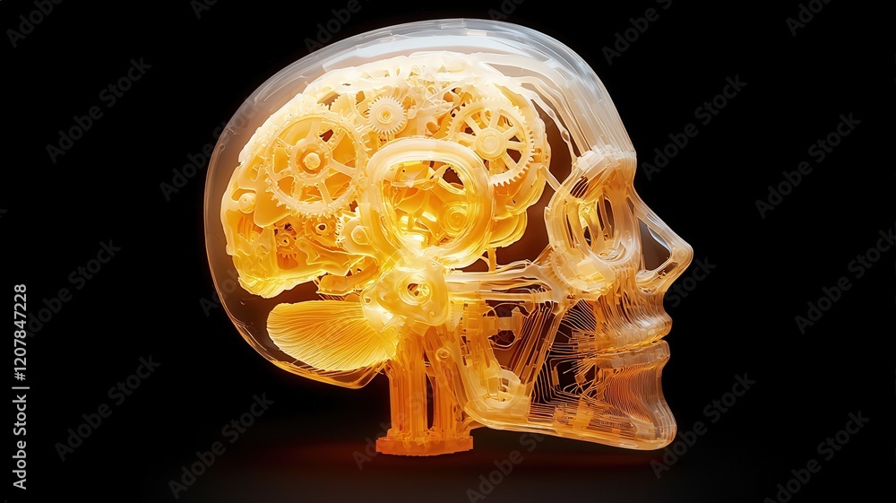 Poster a translucent skull design with intricate brain structures, illuminated in warm hues, showcasing the