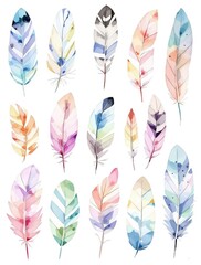 Bright and cheerful watercolor feather clip art collection, colorful, clip art, feathers, bohemian