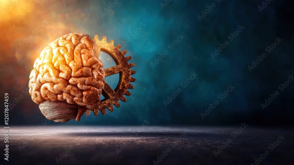 Poster a surreal image of a brain fused with mechanical gears, symbolizing the intersection of intellect an