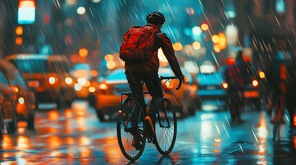 Cyclist riding through a rainy city at night.