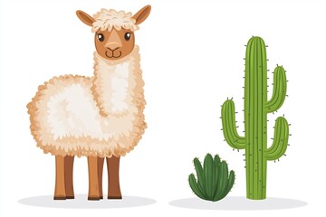 Obraz premium This charming illustration features a cute llama beside a tall cactus, creating a playful desert scene. Perfect for animal-themed projects and nature lovers.