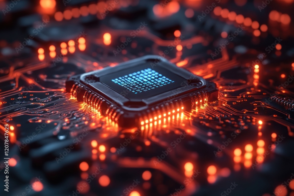 Poster close-up of a glowing microchip on a dark circuit board with intricate details