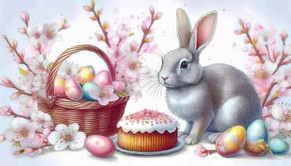 Firefly illustrating large nature scene with bunny, eggs, and flowers during springtime celebration