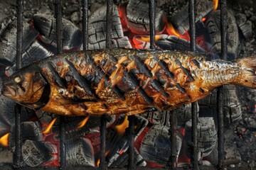 Delicious grilled fish  a smoky culinary delight on the grill with charred coals