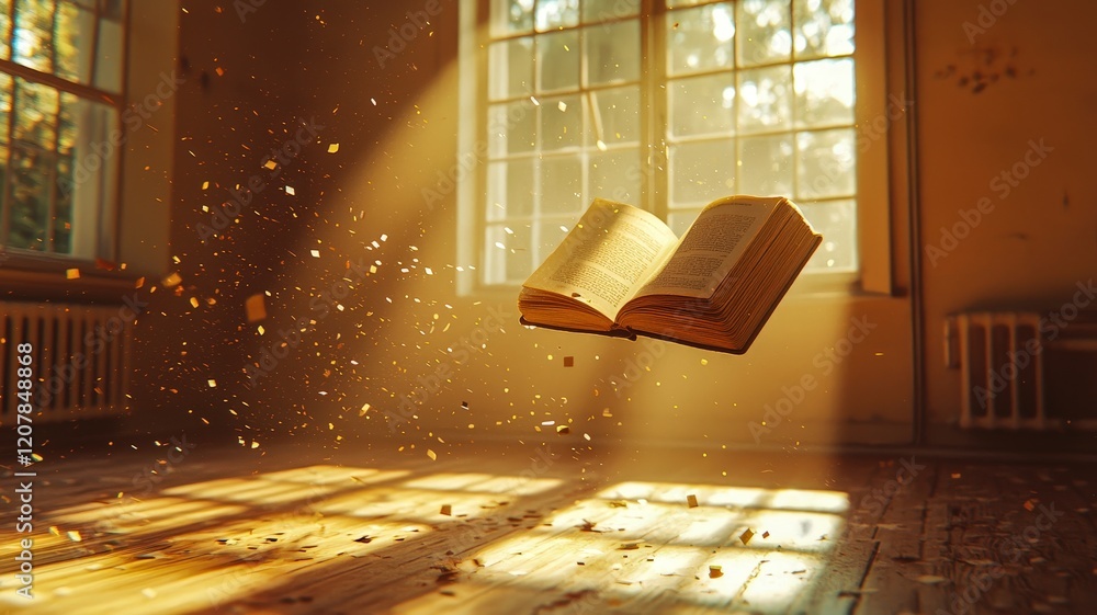 Poster a mystical book floats in a sunlit room, surrounded by shimmering particles, creating a serene and e