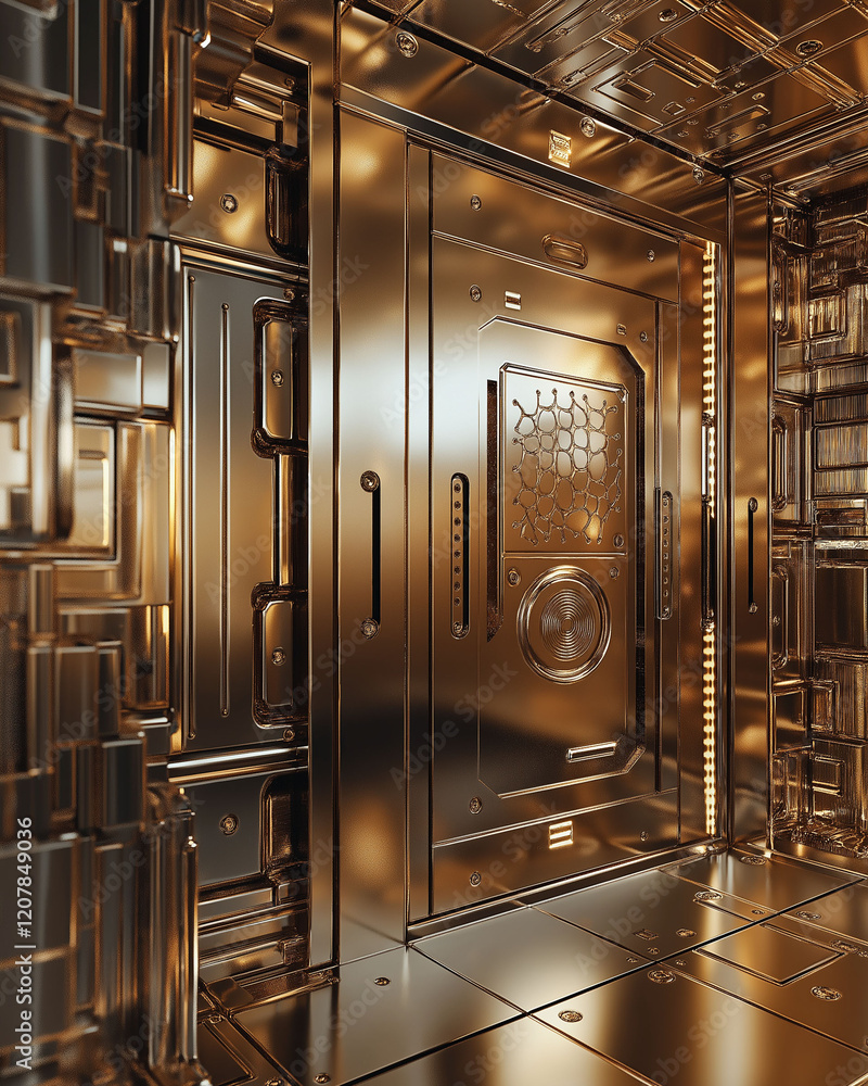 Poster smart home product security innovation concept. sleek 3d biometric vault for secure personal storage