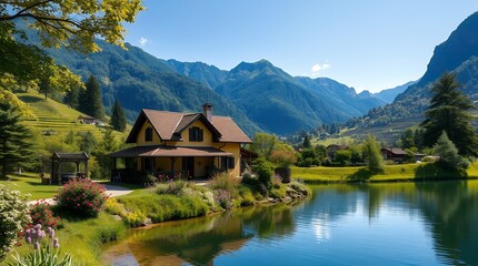 Fototapeta premium The image features a stunning yellow house situated beside a calm, reflective lake, surrounded by lush green hills and towering mountains. The house is adorned with a well-manicured garden filled with