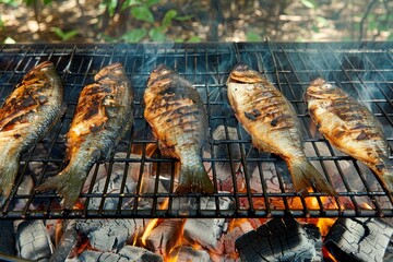 Savor the smoky flavor of grilled fish on a charcoal grill, surrounded by sizzling coals and smoke.
