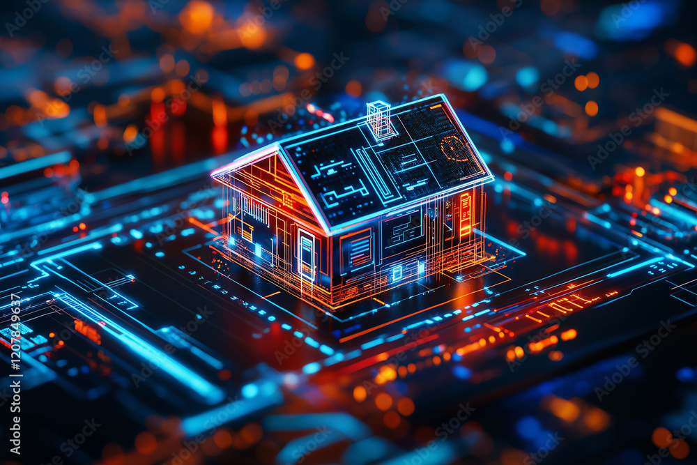 Poster smart home product security innovation concept. holographic home automation interface displayed in m