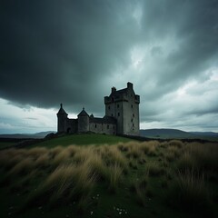 Naklejka premium Dramatic Medieval Castle Under Stormy Skies on a Windy Hill