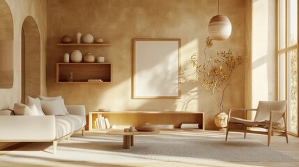 A warm and inviting wooden home living room features a shelf adorned with stylish decorations, a large window allowing natural light, and a mockup frame for personalized artwork or photos.