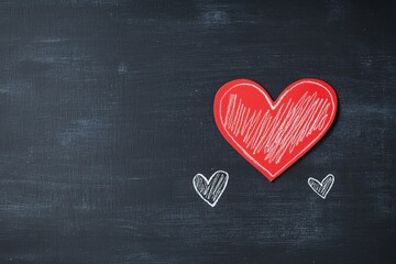Obraz premium Red paper heart and two chalk hearts forming a triangle on a blackboard