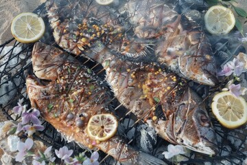 Succulent grilled fish on a barbecue with smoky aroma and glowing coals enhancing its flavor