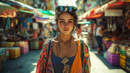 Obraz premium Young woman showcasing eclectic street fashion in a vibrant market during daytime