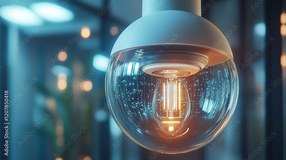 Poster smart home product security innovation concept. smart light bulb featuring built-in camera technolog