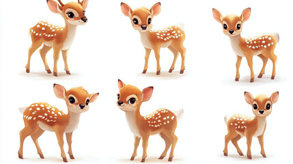 Obraz premium Cute adorable little deer depicted in different poses. Cute watercolor baby dear. Bambi portrait set on white background.