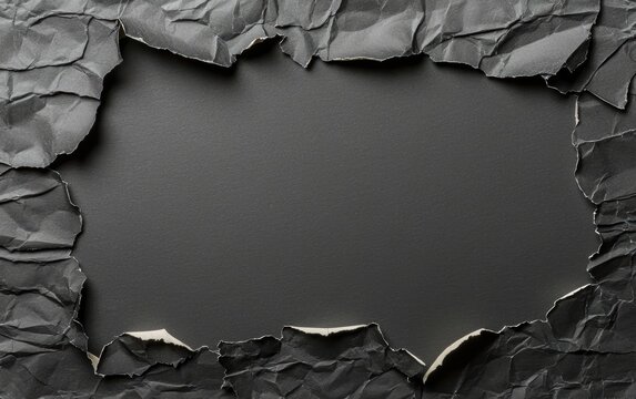 Close-up of torn black crumpled paper with rough edges, emphasizing texture and contrast for a bold and grungy aesthetic