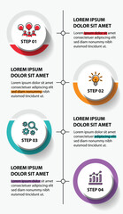 4 steps infographic template with 4 options. Flowchart that can be used for business report, data visualization and presentation. Timeline infographic elements vector illustration.