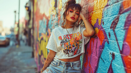 Fototapeta premium Young woman showcases edgy street style against vibrant graffiti backdrop in urban setting