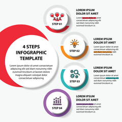 4 steps infographic template with 4 options. Flowchart that can be used for business report, data visualization and presentation. Timeline infographic elements vector illustration.