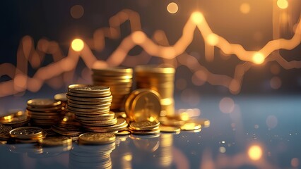 A stack of golden coins spilling over a reflective surface,