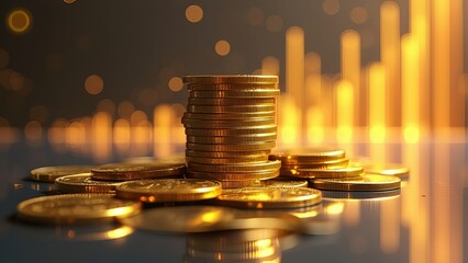 A stack of golden coins spilling over a reflective surface,
